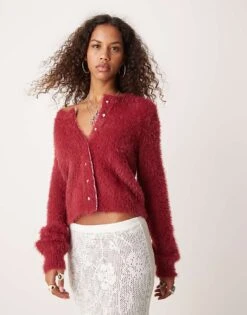 Free People Fluffy Jewelled Button Cardigan In Deep Red For Women Aged Red