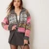 Free People Snowdrift Fairisle Cardigan In Grey And Pink For Women Frozen Flower
