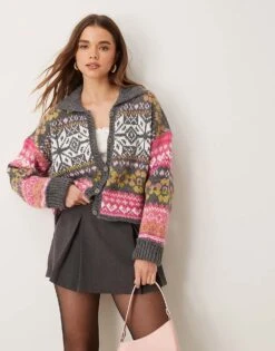 Free People Snowdrift Fairisle Cardigan In Grey And Pink For Women Frozen Flower
