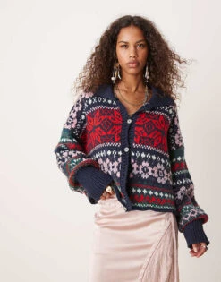 Free People Snowdrift Fairisle Cardigan In Navy And Red For Women Festive Combo