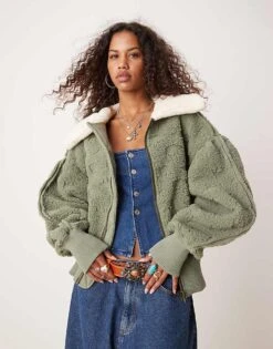 Free People Cozy Oversized Fleece Cardigan In Khaki For Women Crystal Kelp