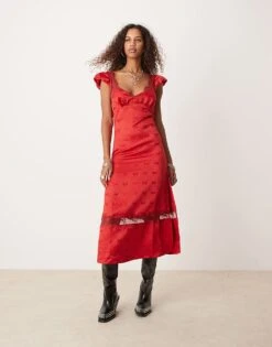 Free People Bow Print Satin Midi Dress In Red For Women Red Dahlia Combo