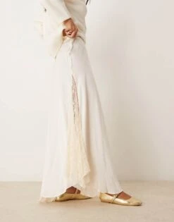 Free People Lace Insert Satin Maxi Skirt In Cream For Women