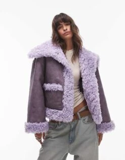Free People Kiki Sherpa Oversized Jacket In Lilac For Women Lilac Combo