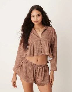 Free People Polka Dot Satin Pyjama Set In Brown For Women Chocolate Combo