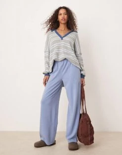 Free People Wide Leg Lounge Trousers In Harbour Blue For Women Quiet Harbor