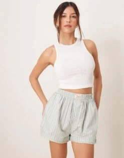 Free People Day To Day Striped Boxer Shorts In Pale Green For Women Misty Combo