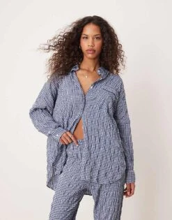 Free People Textured Pyjama Shirt Co-ord In Navy For Women Navy Combo