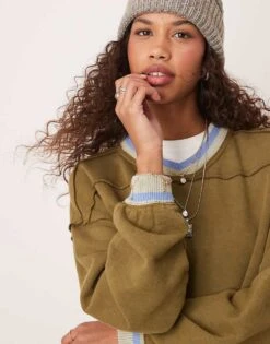 Free People Rio Contrast Trim Cropped Sweat In Khaki For Women Seaweed Combo