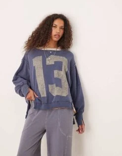 Free People Number Graphic Oversized Sweat In Washed Navy For Women Navy Combo 13