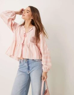 Free People Striped Tie-front Blouse In Baby Pink For Women Pink + Yellow