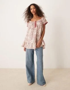 Free People Floral Printed Puff Sleeve Tunic In Lilac Grey For Women Stone Combo