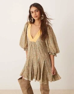 Free People Ditsy Floral Puff Sleeve Boho Mini Dress In Green For Women Whisper White