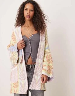 Free People Mallorca Oversized Intarsia Knit Cardigan In Multi For Women Spring Breeze