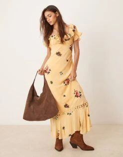 Free People Floral Embroidered Puff Sleeve Maxi Dress In Yellow For Women Golden Sands