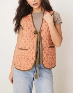 Free People Claudine Quilted Floral Gilet Vest In Orange And Khaki For Women Candied Melon