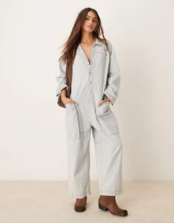 Free People Relaxed Fit Denim Boilersuit In Light Blue Wash For Women Light Blue Beam