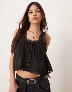 Free People Evermore Lace Insert Boho Tank Top In Black For Women