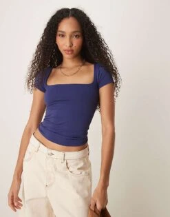 Free People Clean Lines Square Neck Baby Tshirt In Indigo For Women Indigo Pura