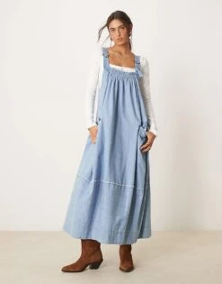 Free People Oversized Denim Cami Midaxi Dress In Frosted Blue For Women