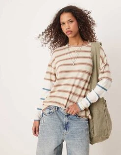 Free People Striped Oversized Long Sleeve T-shirt In Neutral For Women Neutral Combo