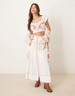 Free People Embroidered Boho Co-ord Skirt And Blouse Set In Ivory For Women Thriving Coral
