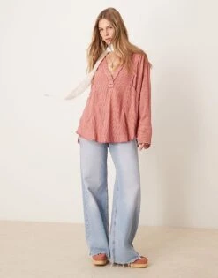 Free People Relaxed Oversized Striped Shirt In Wine For Women Wine Combo
