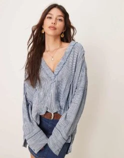 Free People Relaxed Oversized Striped Shirt In Indigo For Women Indigo Stripe