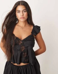 Free People Harmony Satin Lace Tank In Black For Women Black Combo