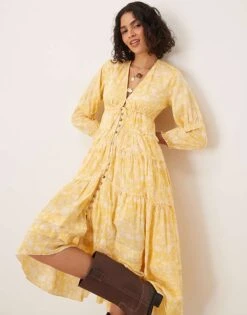 Free People Pappiet Chintzy Floral Button Midi Dress In Sunshine Yellow For Women Sunshine Combo