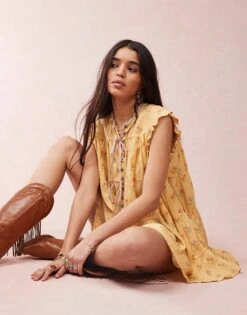 Free People Sundown Ditsy Print Smock Mini Dress In Yellow For Women Sunshine Combo