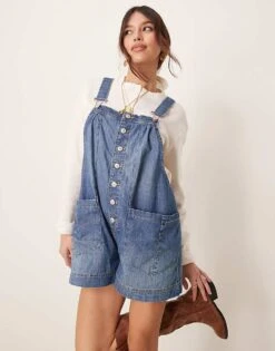 Free People Button Through Denim Romper In Roulette Blue For Women