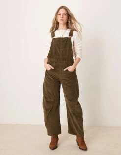Free People Good Luck Core Barrel Leg Overalls In Moss Green For Women