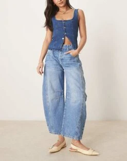 Free People Good Luck Mid Rise Barrel Leg Jeans In Light Wash Blue For Women