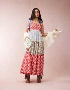 Free People Bluebell Multi Print Ribbon-tie Maxi Dress In Multi For Women Cherry Combo