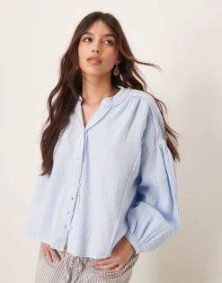 Free People Valley Double Cloth Smock Blouse In Ice Blue For Women
