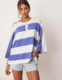 Free People Bold Stripe Half Button T-shirt In Blue For Women Blue Combo
