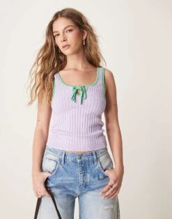 Free People All Star Ribbed Tank Top In Lilac And Green For Women Lilac Combo