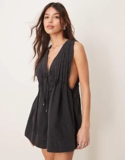 Free People Webster Tie-front Romper In Washed Black For Women Black Wash