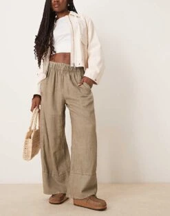 Free People Days End Linen Pull On Trousers In Khaki For Women Caiman