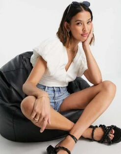 Free People Can't Get Enough Wrap Top With Puff Sleeves In Poplin For Women Ivory